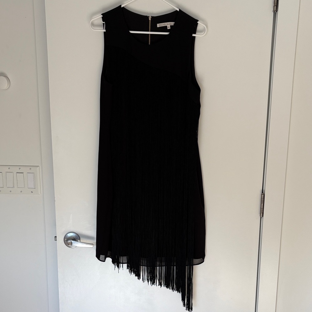 RACHEL Rachel Roy Black Asymmetrical Fringe Dress, Size L